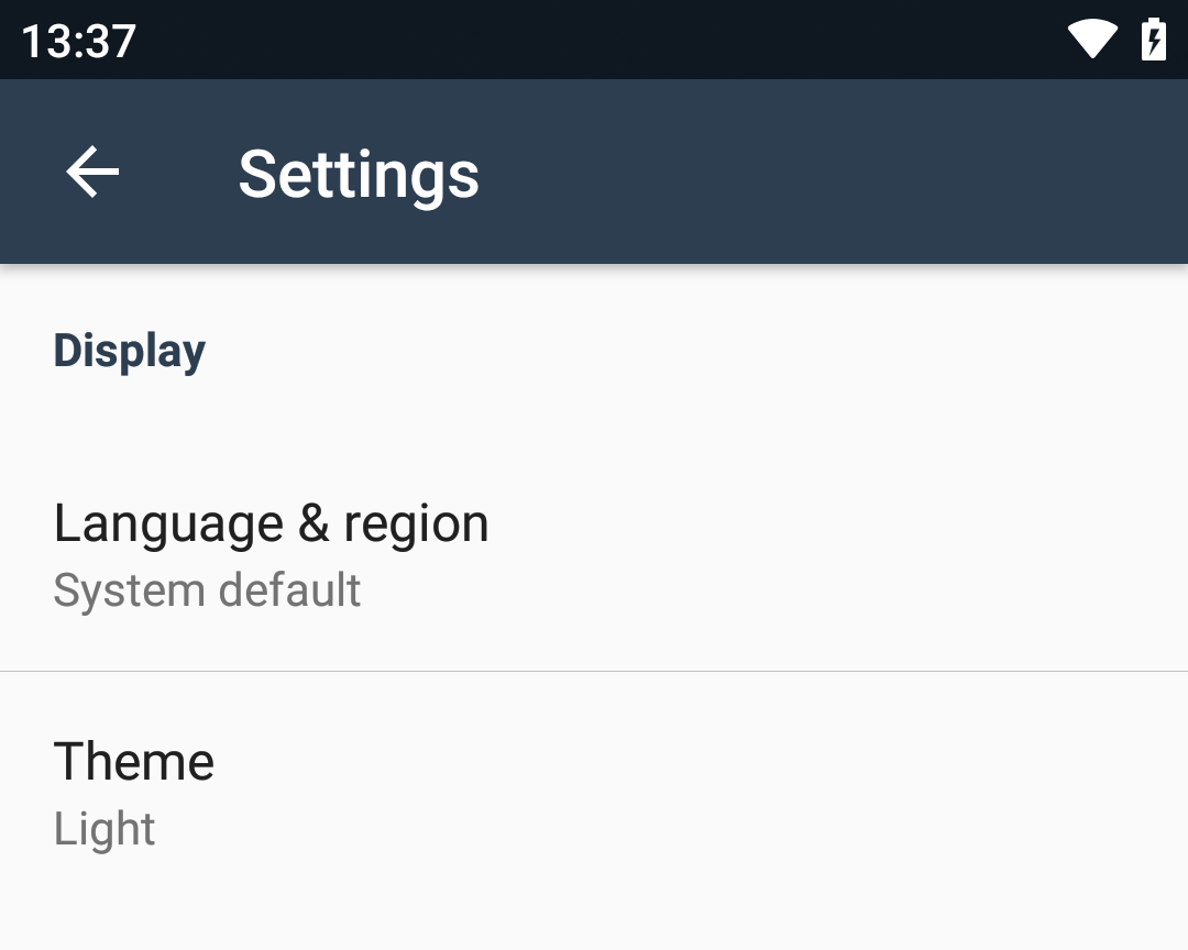 The list of settings
