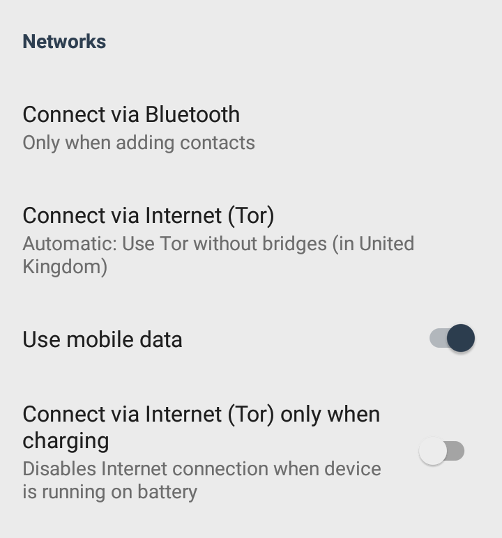 The ‘Networks’ section of the settings screen